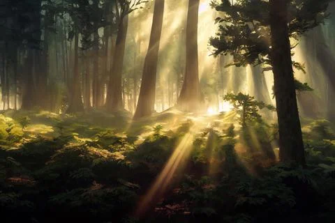 Rays of sunlight at sunset misty fantasy evening Forest Stock Illustration