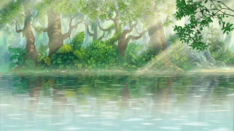 Rays of sunshine on river inside green illustration forest Stock Footage 65207783