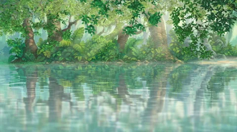 Rays of sunshine on river inside green illustration forest moving camera Stock Footage 65210021