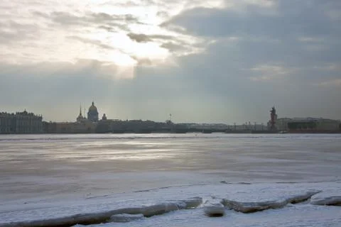 Rays of the winter sun over the river Neva Stock Photos