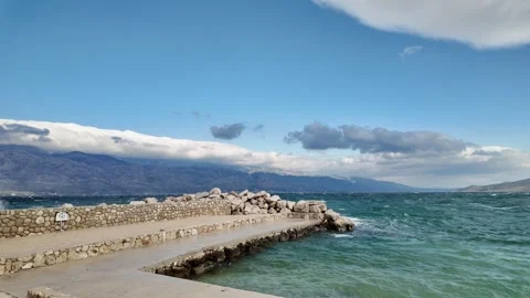 Razanac – Winter–Spring Bura Wind Making Turquoise Waves Under Sunny Stormy Sky Stock Footage 340384943
