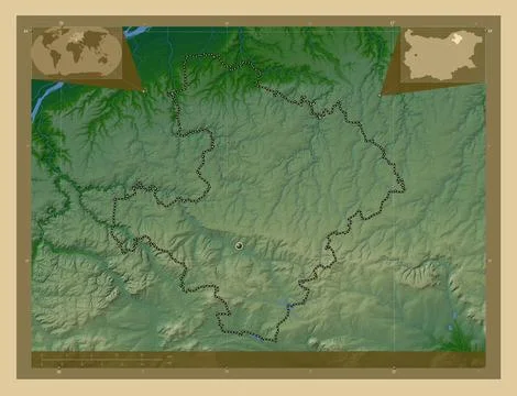 Razgrad, Bulgaria. Colored elevation map with lakes and rivers Illustrazione stock