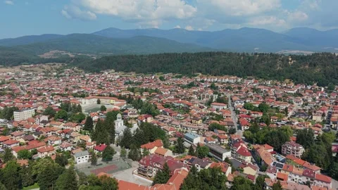 Razlog Bulgaria Pine Forest and Town Panorama Stock Footage 344058233