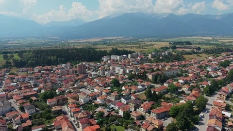 Razlog surrounding landscape and forests aerial, Bulgaria Stock Footage 344057615