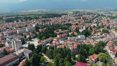 Razlog town center push in drone shot Bulgaria Stock Footage 344059119