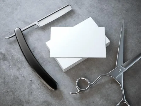Razor and scissors with stack of blank business cards 库存插图