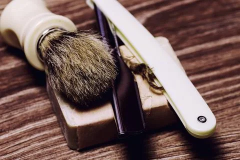 Razor sharp soap brush retro razor sharp soap brush retro ,model released,... Stock Photos