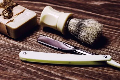 Razor sharp soap brush retro razor sharp soap brush retro ,model released,... Stock Photos