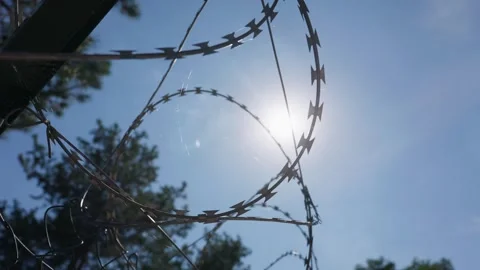 Razor Wire Fence Shining in Bright Sunlight Under Clear Sky 库存影片 344772451