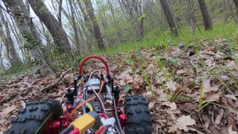 RC crawler car driving through ivy and dry leaves in a spring forest 库存影片 333561587
