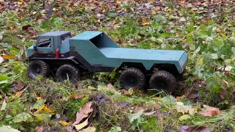RC flatbed towing truck going backward on the grass with autumn leaves. Stock Footage 207408023