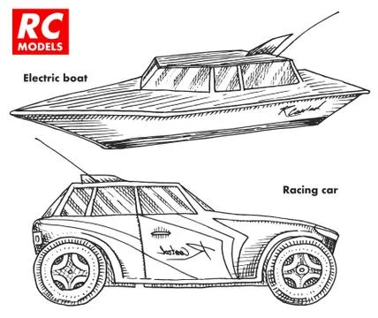 RC transport, remote control models. toys design elements for emblems. boat or Stock Illustration