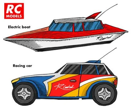 RC transport, remote control models. toys design elements for emblems. boat or Stock Illustration