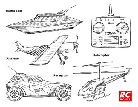 RC transport, remote control models. toys design elements for emblems. boat or Stock Illustration