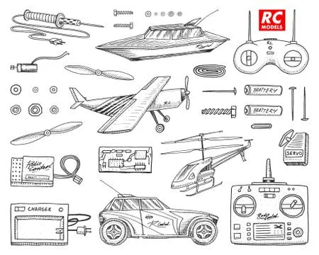 RC transport, remote control models. toys or instruments. set details. devices Ilustração Stock