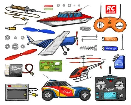 RC transport, remote control models. toys or instruments. set details. devices Ilustração Stock