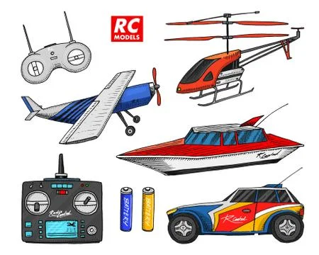 RC transport, remote control models. toys design elements for emblems. boat or Stock Illustration