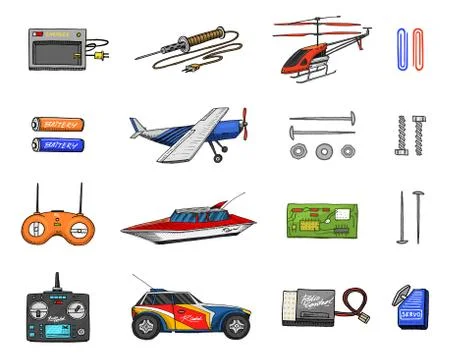 RC transport, remote control models. toys or instruments. set details. devices Ilustração Stock