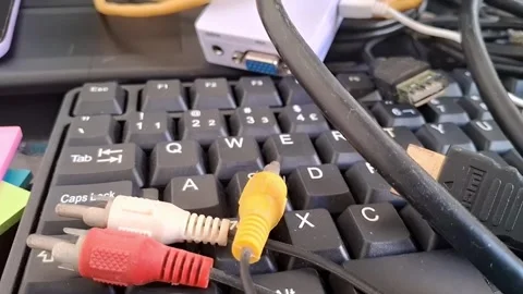 RCA audio video cables on computer keyboard. Analog connectors resting on a PC Stock Footage 340241515