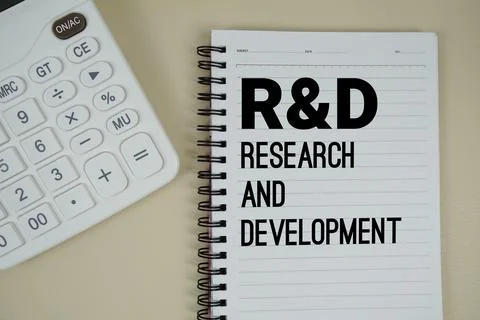 R&amp;D Abbreviations of Research and Development text with calculator phrase o.. Stock Photos