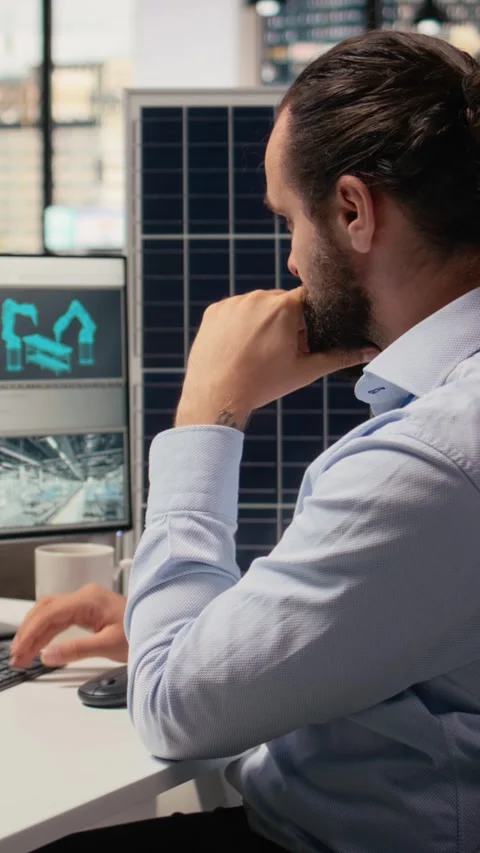 RD department researcher using machine learning tech to study solar green energy Stock Footage 315474843