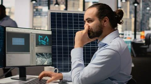 RD department researcher using machine learning tech to study solar green energy Stock Photos