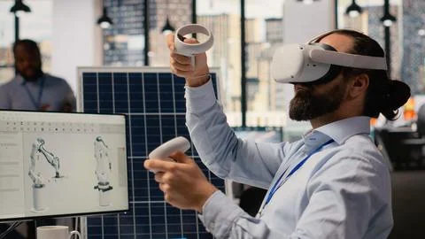 RD department researcher using VR headset to study solar clean energy systems Stock Photos