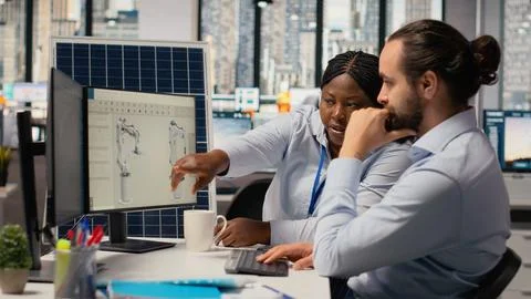RD department team optimizes solar panel fabrication, working on clean energy Stock Photos