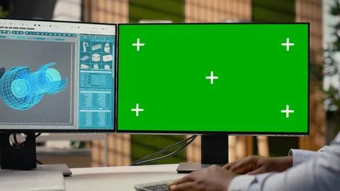 RD expert uses mockup computer to research materials for power generation gear Stock Photos
