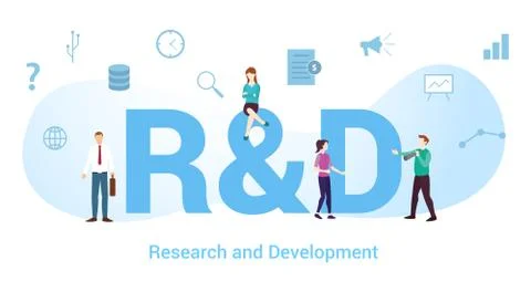 R&amp;d research and development concept with big word or text and team people wi Stock Illustration