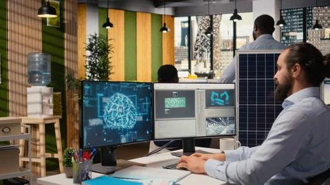 RD researcher using artificial intelligence to study solar green energy Stock Photos