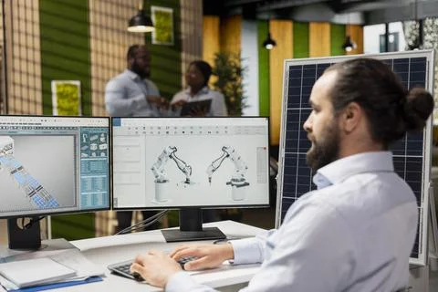 RD worker uses CAD software to optimize sustainable solar panel fabrication Stock Photos
