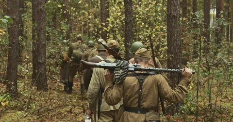 Re-enactors Dressed As Russian Soviet Infantry Red Army Soldiers Of World War II Stock Footage 128854605