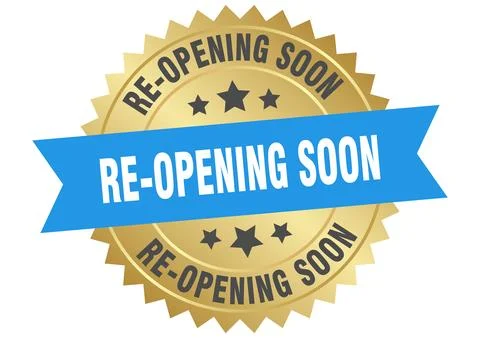 Re-opening soon. re-opening soon round blue and gold label isolated on tran.. Stock Illustration