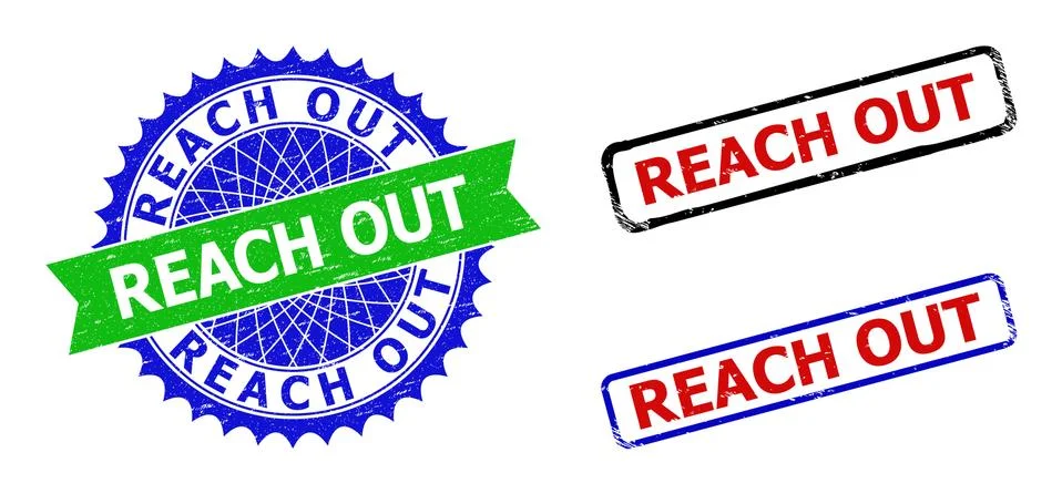 REACH OUT Rosette and Rectangle Bicolor Badges with Rubber Surfaces Stock Illustration