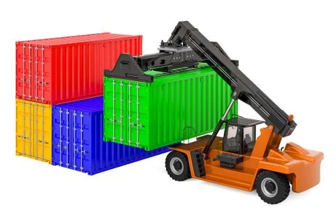 Reach stacker and cargo containers, 3D rendering Stock Illustration