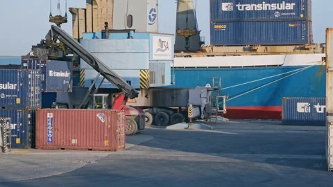 Reach stacker carry container in container area of port shipping yard Vídeos de archivo 301306024