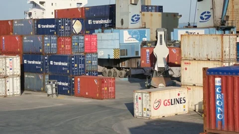 Reach stacker carry container in container area of port shipping yard Stockbeeldmateriaal 301306647
