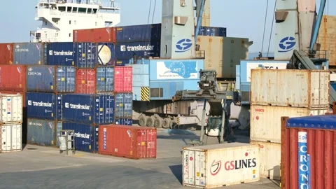 Reach stacker driving in container area of port shipping yard Vídeos de archivo 301305932