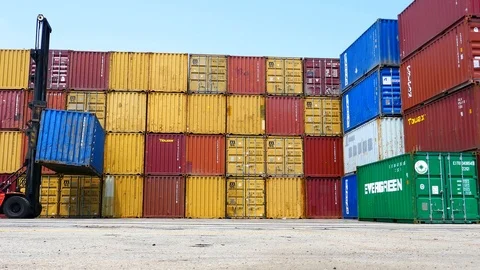 Reach stacker is working at container port 4k intro video for business Stock Footage 92143425
