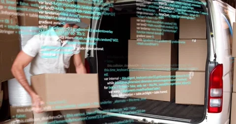 Reaching to close box, logistics worker loading parcels into van under scrolling Stock Footage 317155331