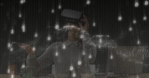 Reaching developer wearing VR headset interacting with binary data grid at lab, Stock Photos