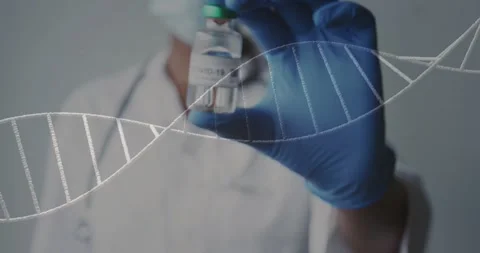 Reaching gloved-hand, nurse in studio with coat raising COVID-19 vial to show Stock Footage 330379550