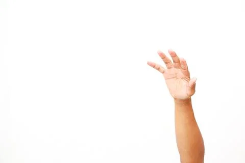 Reaching hand towards an empty space, on a white background, looking like a.. Stock Photos