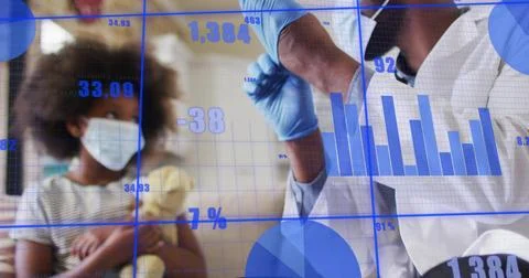 Reaching masked doc in white coat prepping swab at clinic, masked child holding Stock Photos