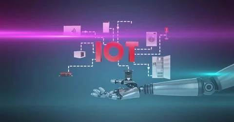 Reaching metallic robotic arm presenting IOT  and  dashed lines and device icons Stock Illustration