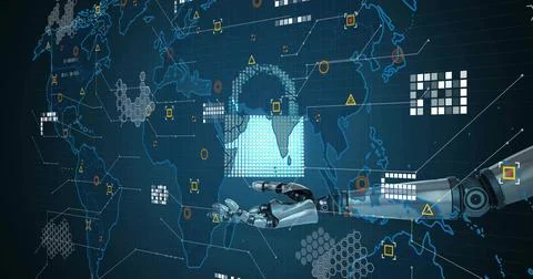 Reaching metallic robotic arm touching glowing padlock over blue world map, Illustrazione stock