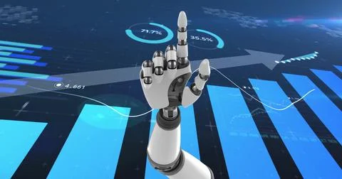 Reaching robotic hand interacting with virtual data display with bar charts Stock Photos
