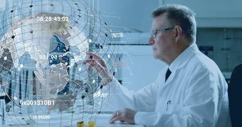 Reaching scientist in lab coat interacting with holographic globe in research Stock Photos