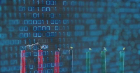 Reaching third second, seven candles extinguishing over scrolling binary code 스톡 동영상 317772734